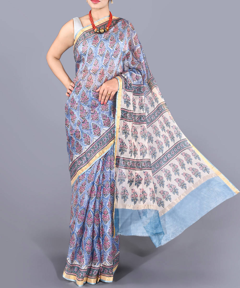Blue kota silk hand block printed saree with zari border