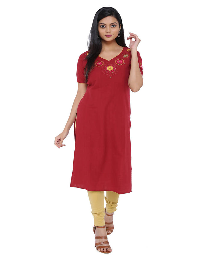 Red hand embroidery straight handloom cotton kurta