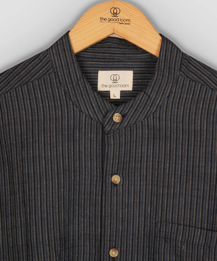 Dark blue stripes mandarin collar cotton shirt