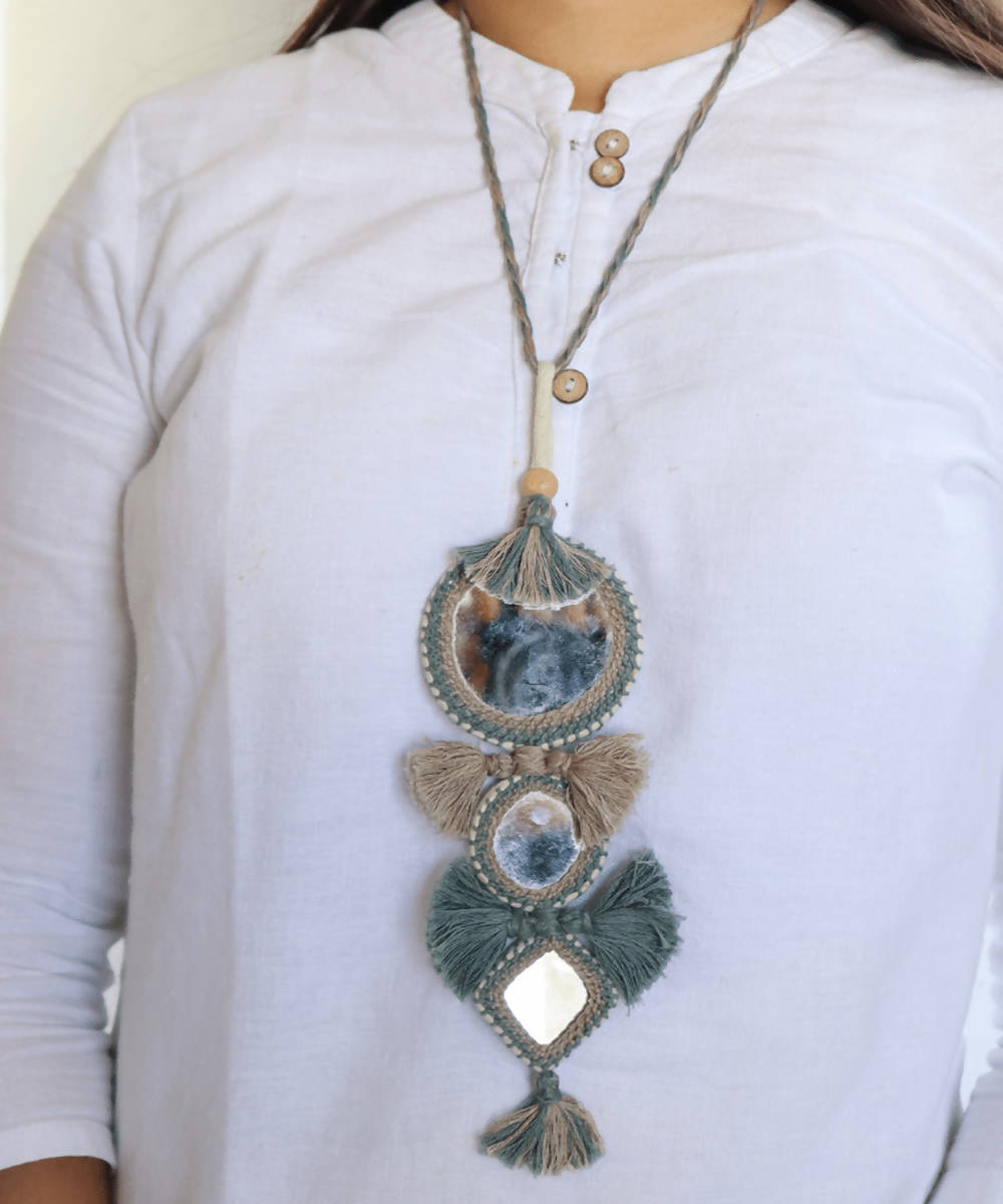 Grey blue handmade cotton and mirror necklace
