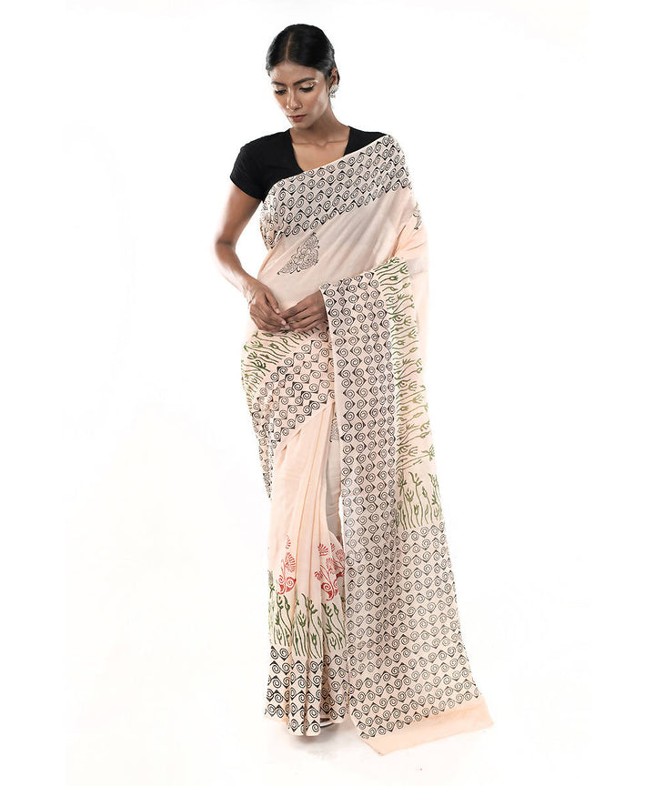 Cream and black hand block print bengal cotton saree