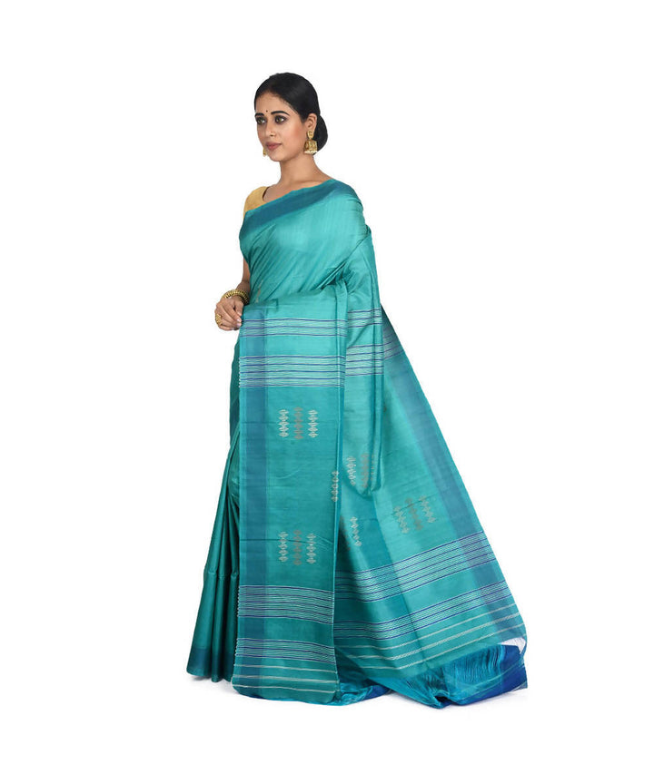 Turquoise Green Bengal handloom handspun tussar saree