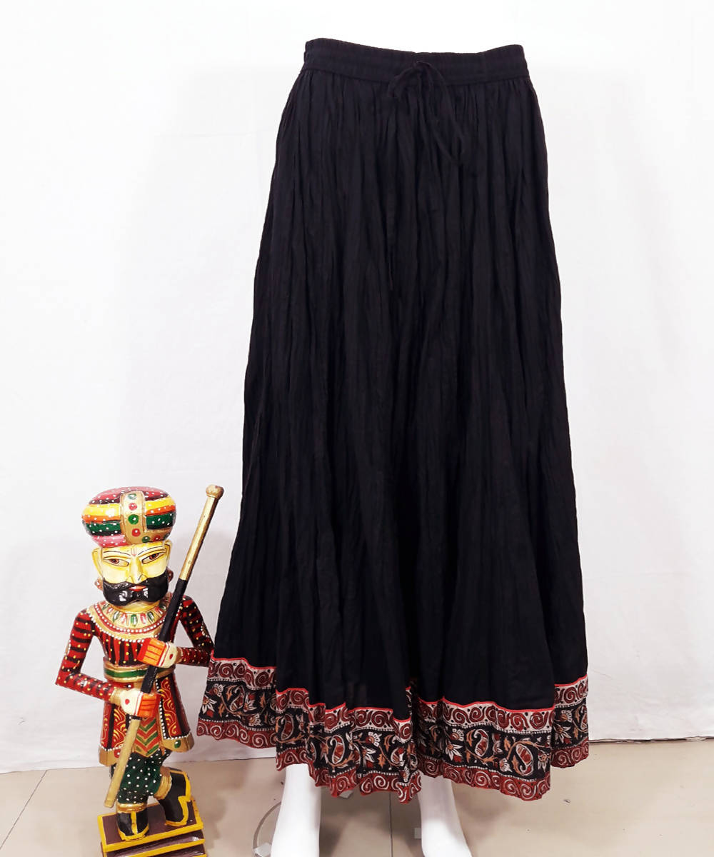 Black with handblock kalamkari printed border cotton crinkled skirt