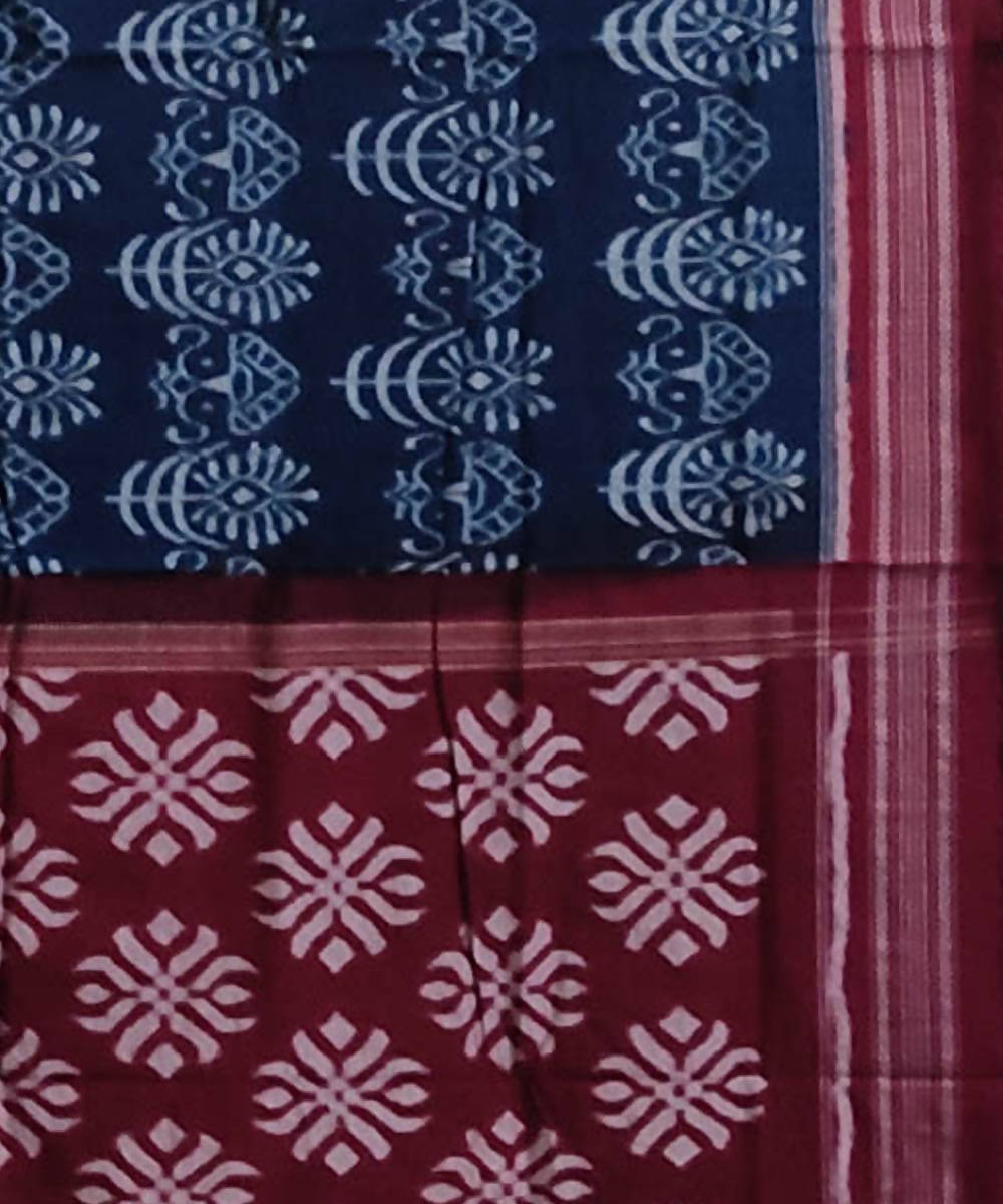 Navy blue and maroon cotton handwoven sambalpuri saree