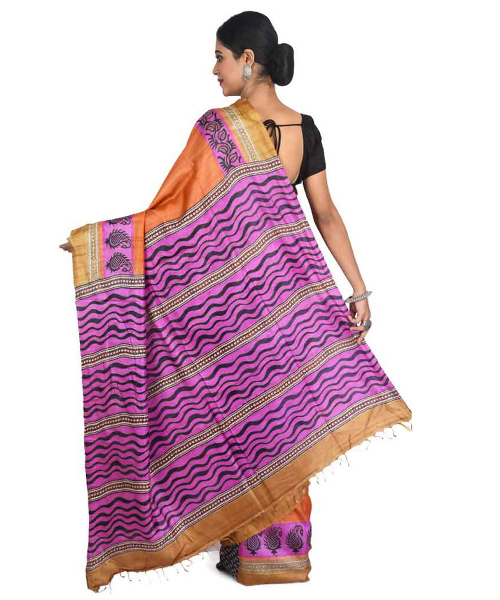 Orange and purple bengal hand embroidery tussar silk saree