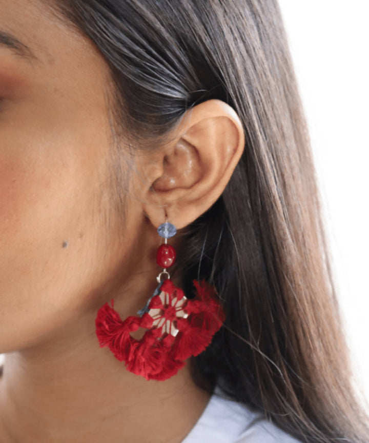 Red handmade cotton and mirror with crystel earring