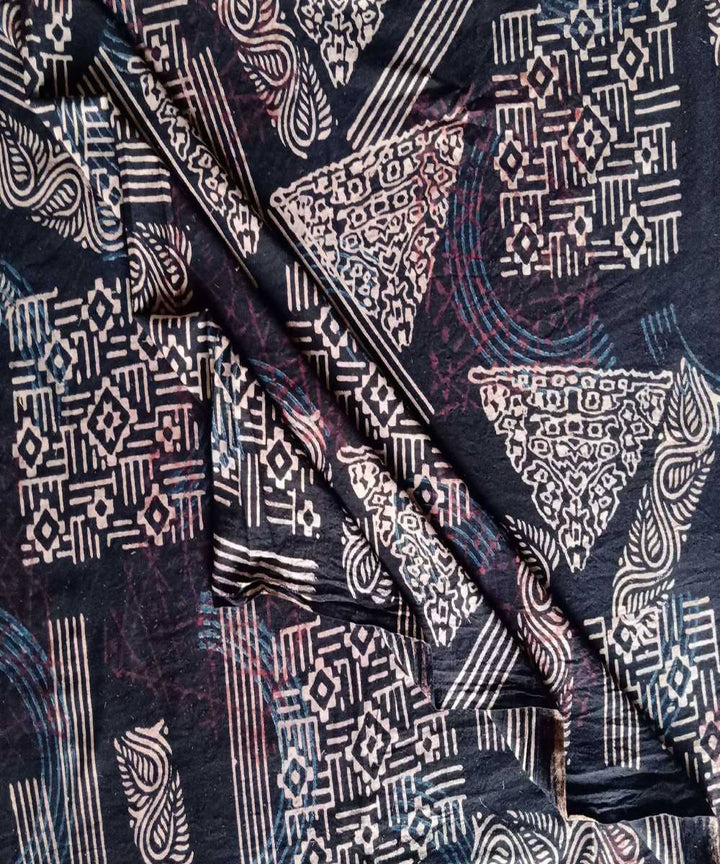 Black brown natural dye ajrakh block print handwoven cotton fabric (2.5m per qty)