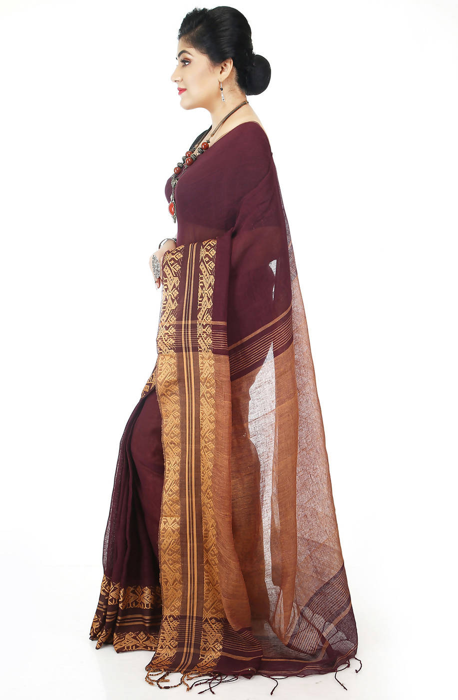 Dark maroon handloom bengal cotton and linen saree