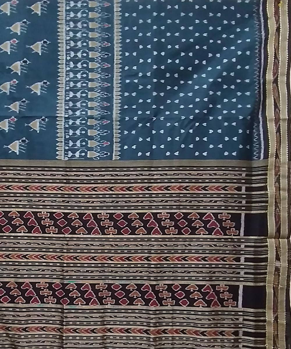 Navy blue brown handwoven silk khandua saree