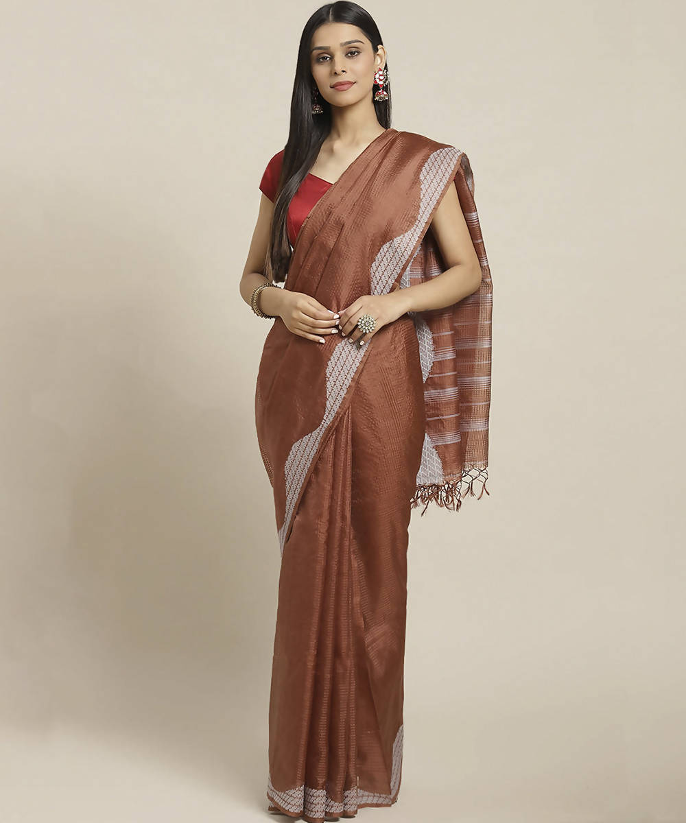 Biswa bangla handwoven brown kora silk saree