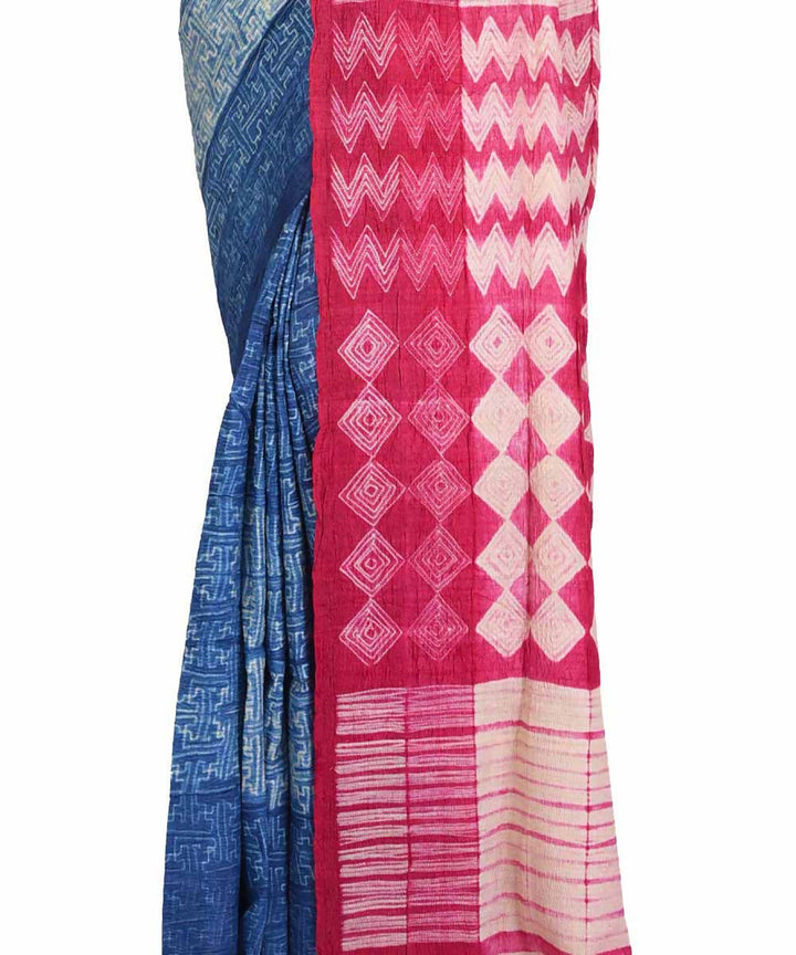Blue and pink shibori handwoven tussar silk saree