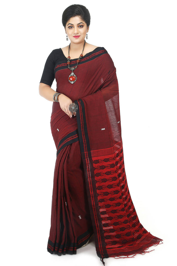 Handloom bengal maroon black cotton saree