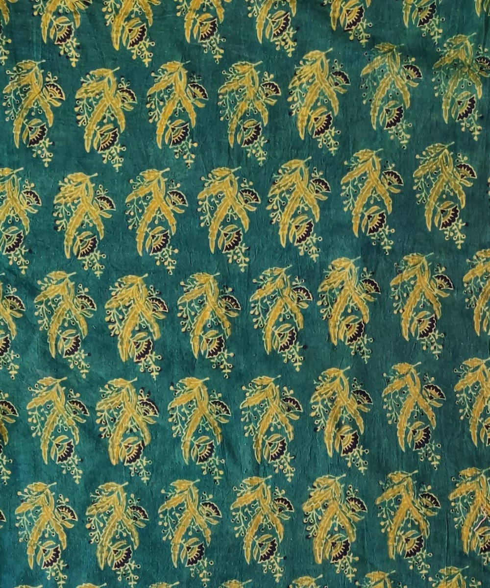 2.5m Green yellow natural dye handspun handwoven cotton ajrakh fabric