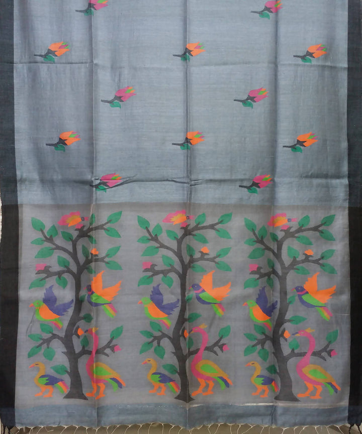 Grey Handloom Matka Silk Jamdani Bengal Saree