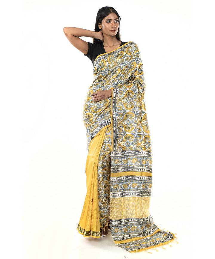 Yellow black hand block print bengal silk saree