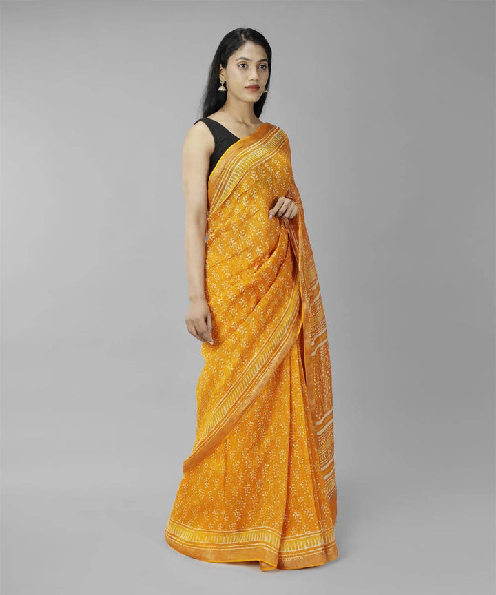 Yellow bagru handblock printed linen saree