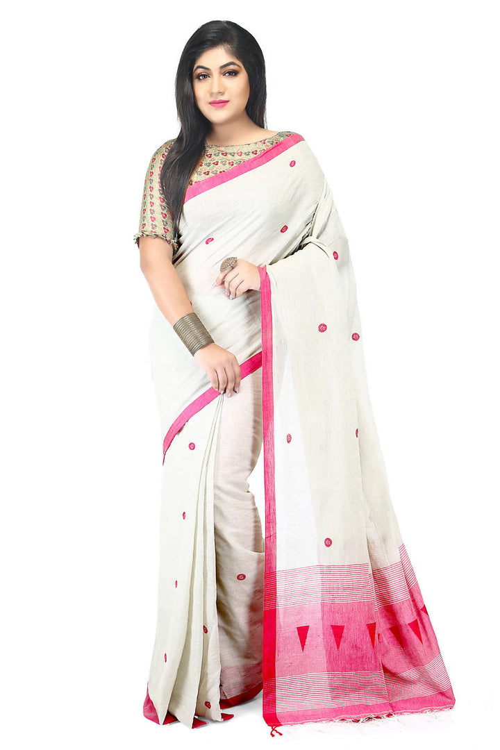 Handloom bengal white pink cotton jamdani saree