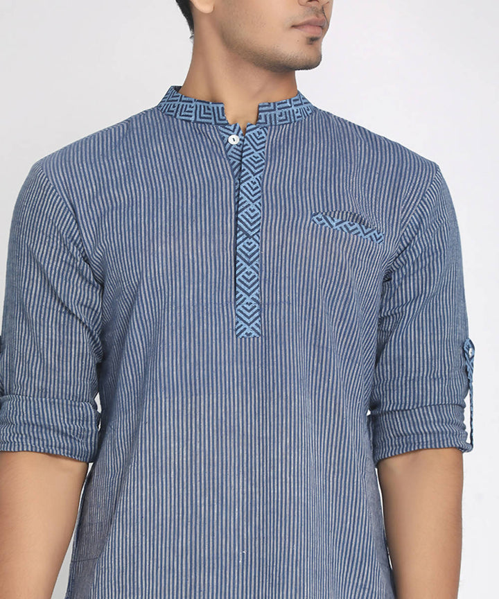 Aero blue handloom cotton striped handblock printed long kurta