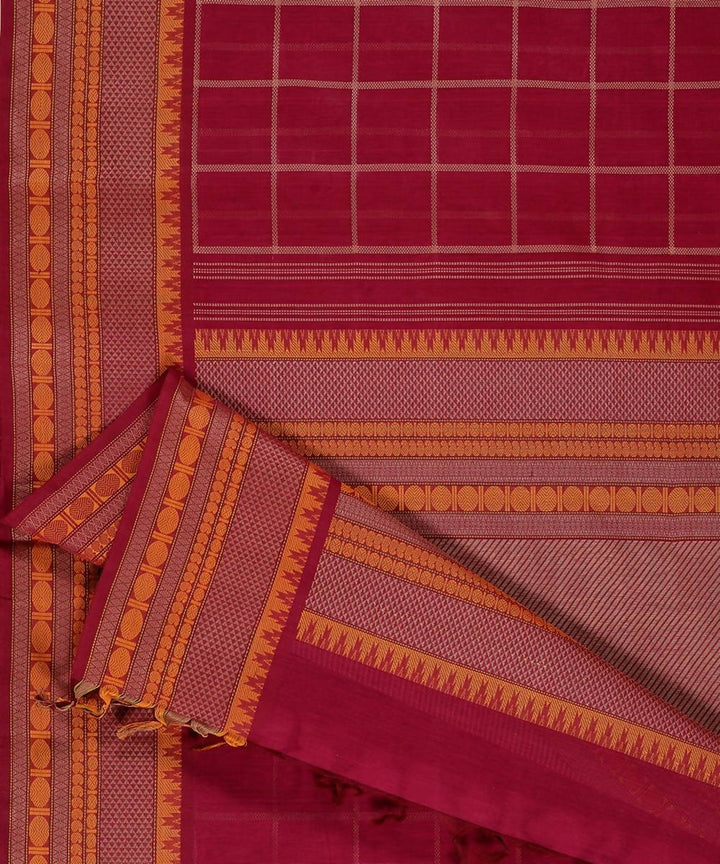 Dark red handloom kanchi cotton saree checks and broad lace border