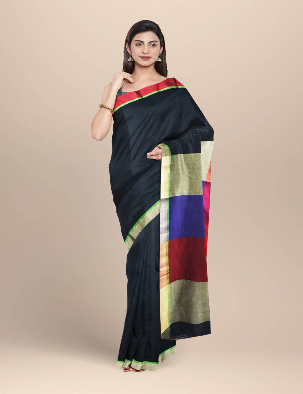 Black with multicolor pallu Handwoven cotton Saree