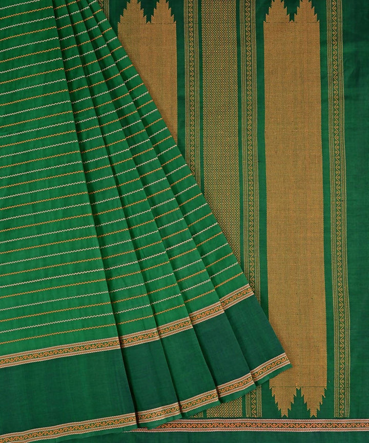 Bottle green kanjivaram silk cotton thread work veldhari stripe saree