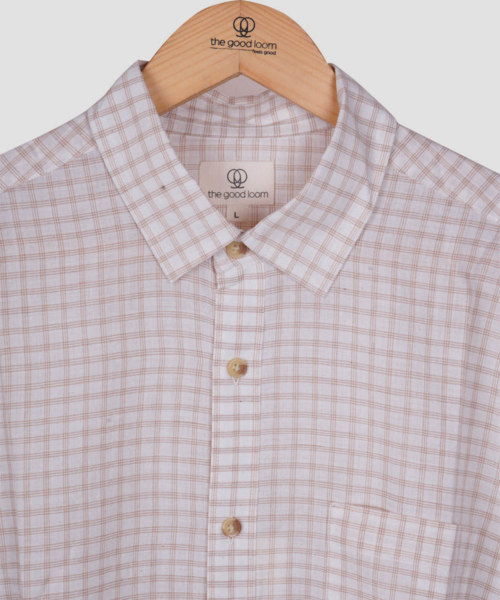 Light brown white checks regular collar cotton shirt