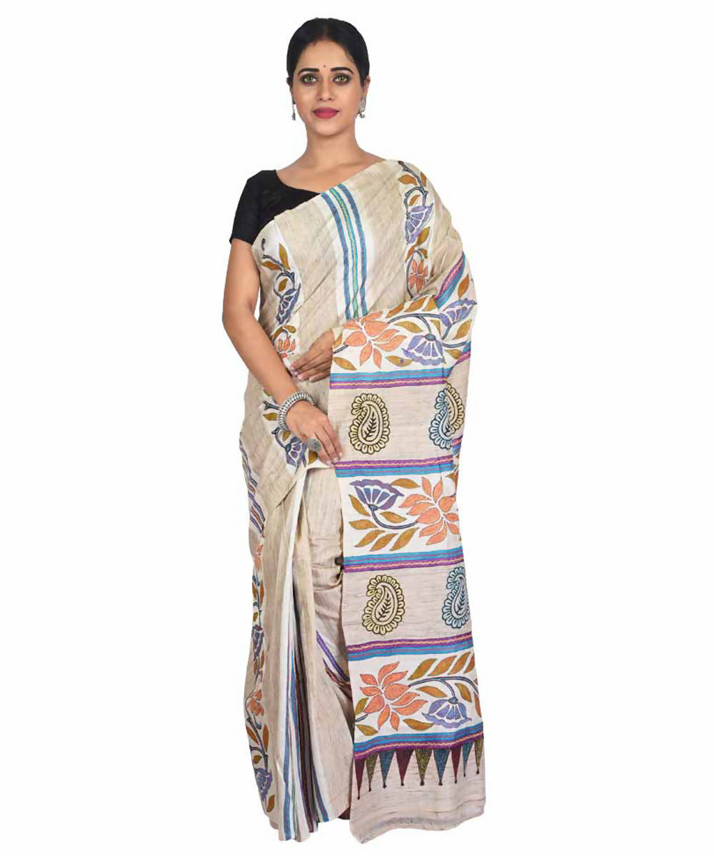 Off white and beige bengal hand embroidery tussar silk saree