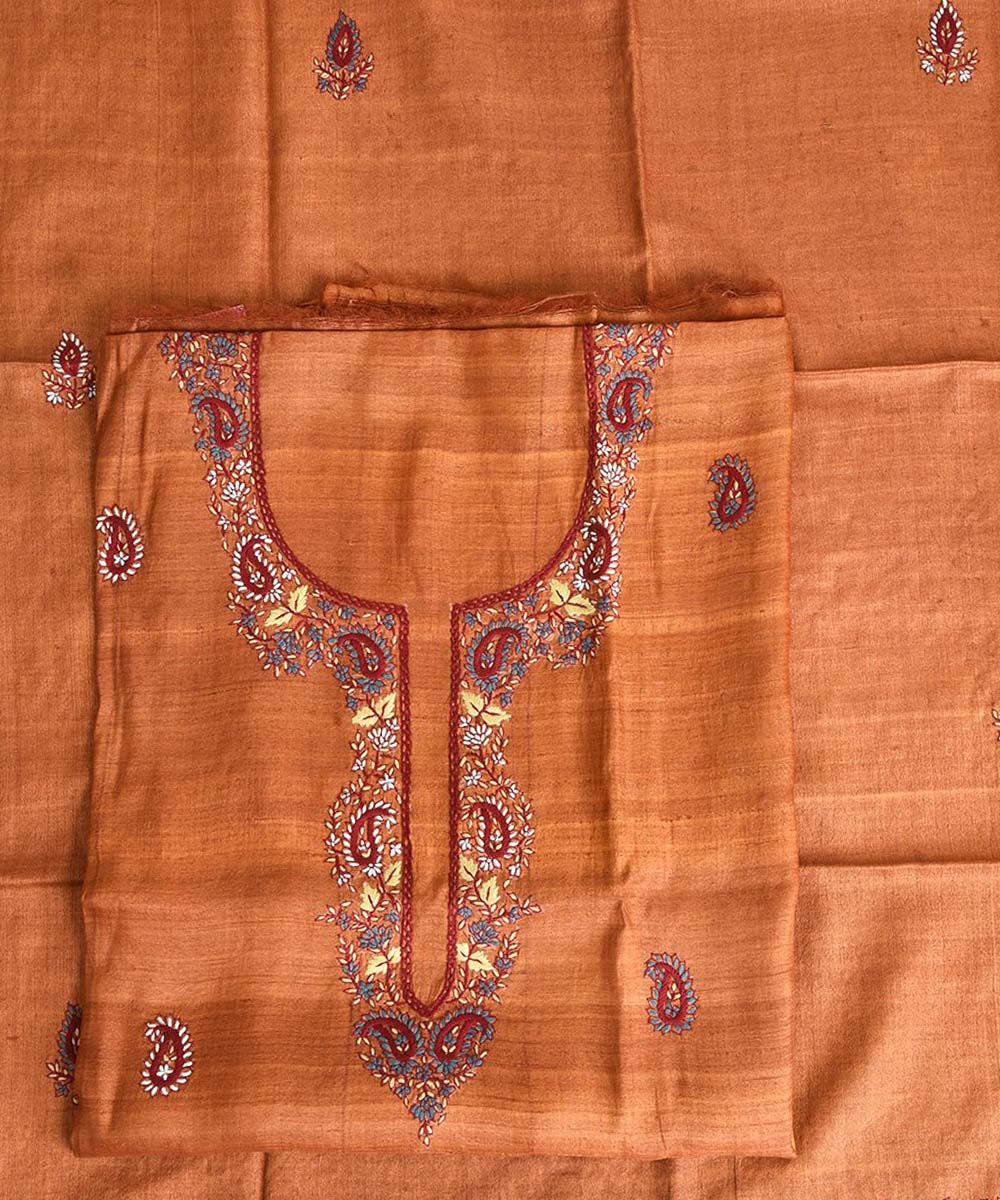 2pc Brown hand embroidery tussar silk dress material