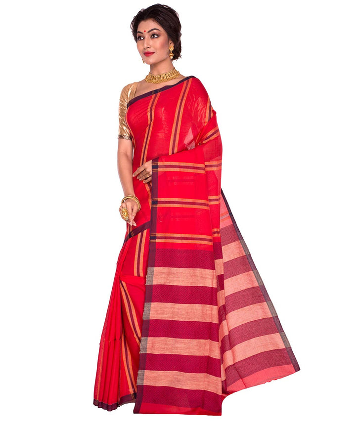 Red Bengal Handloom Stripe Cotton Saree