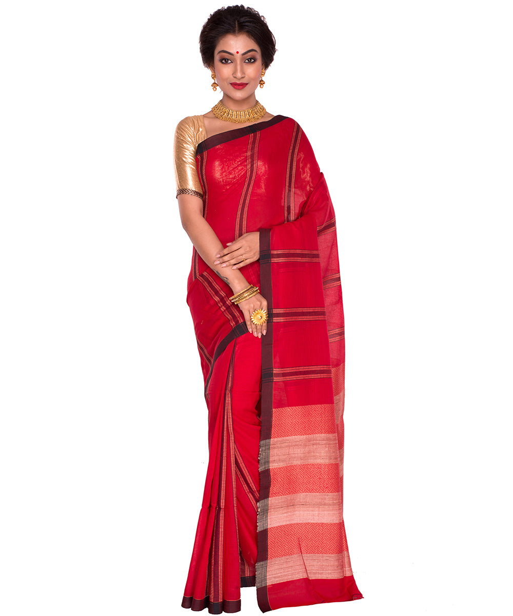 Red Black Stripe Bengal Handloom Cotton Saree