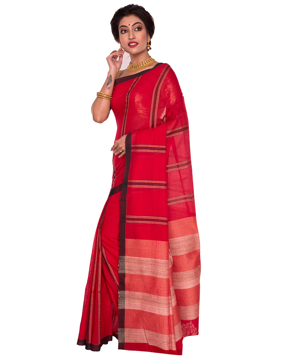 Red Black Stripe Bengal Handloom Cotton Saree
