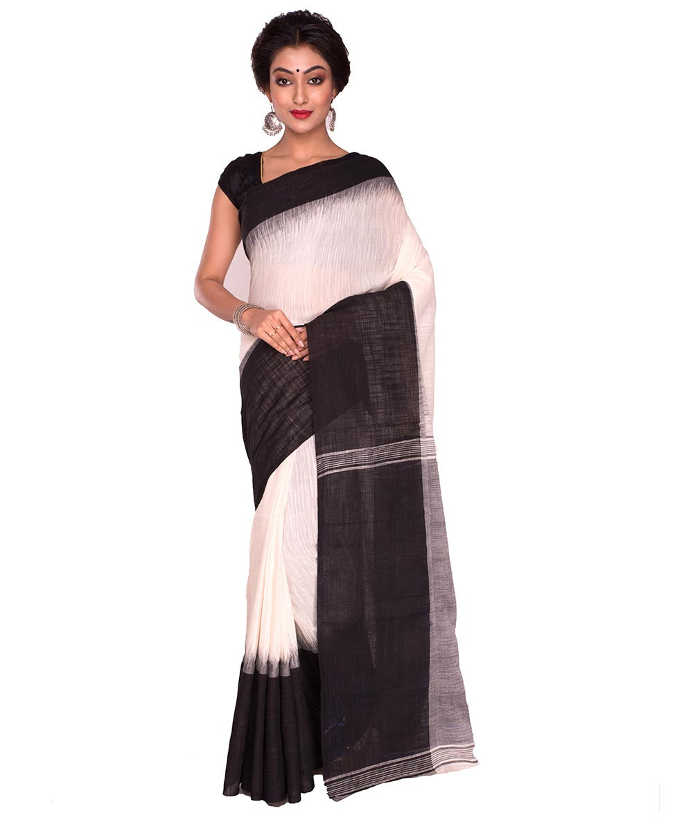 White Black Bengal Handloom Tant Cotton Saree