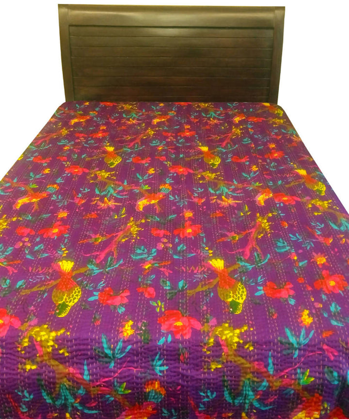 Kantha work double layered purple cotton bedcover (Single Bed)