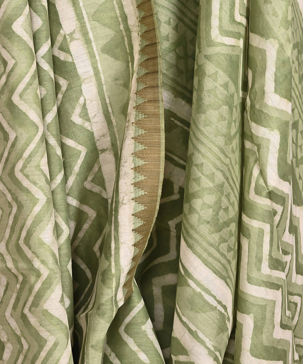 Green cotton silk hand block printed saree with matching blouse