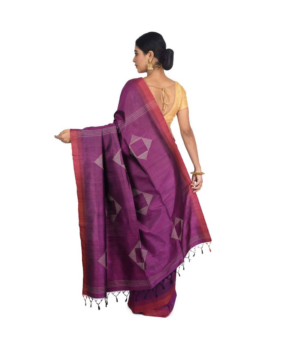 Purple and red Bengal handloom handspun tussar saree