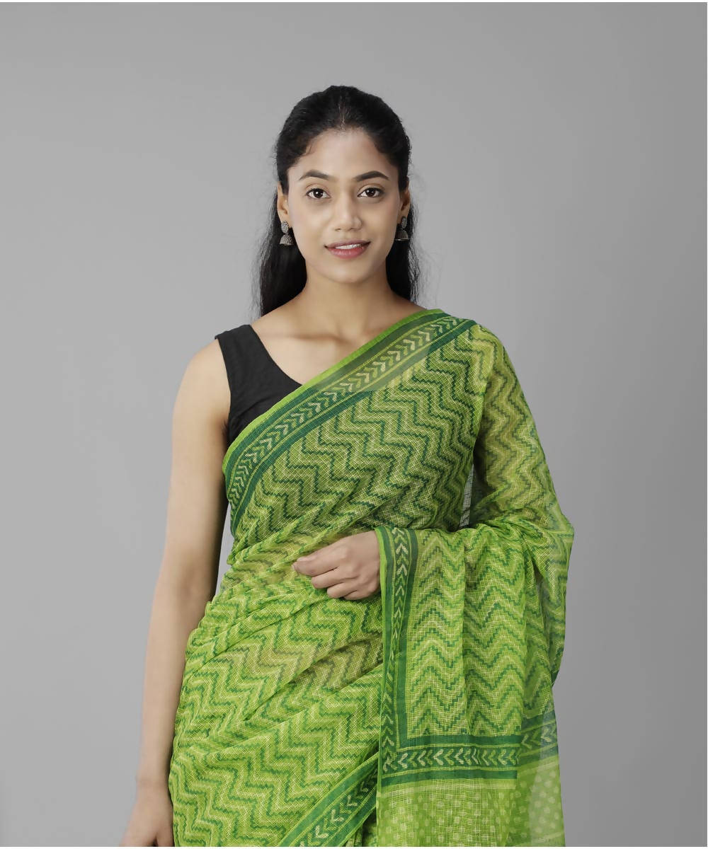 Green bagru handblock printed cotton saree