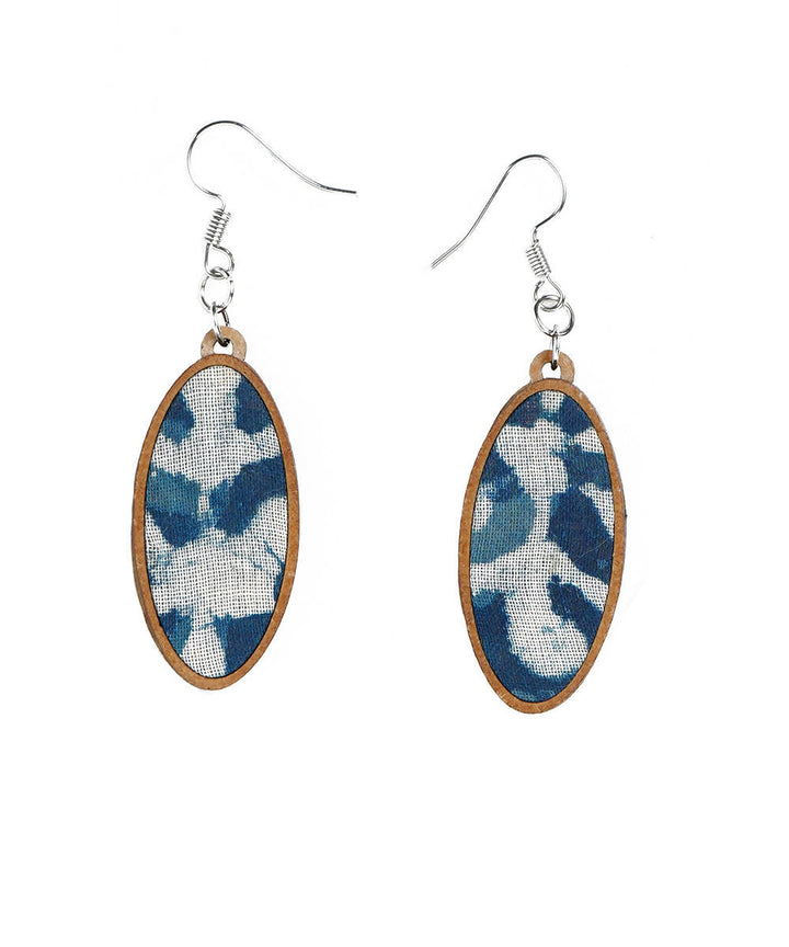 Blue handcrafted fabric and mdf oval earring