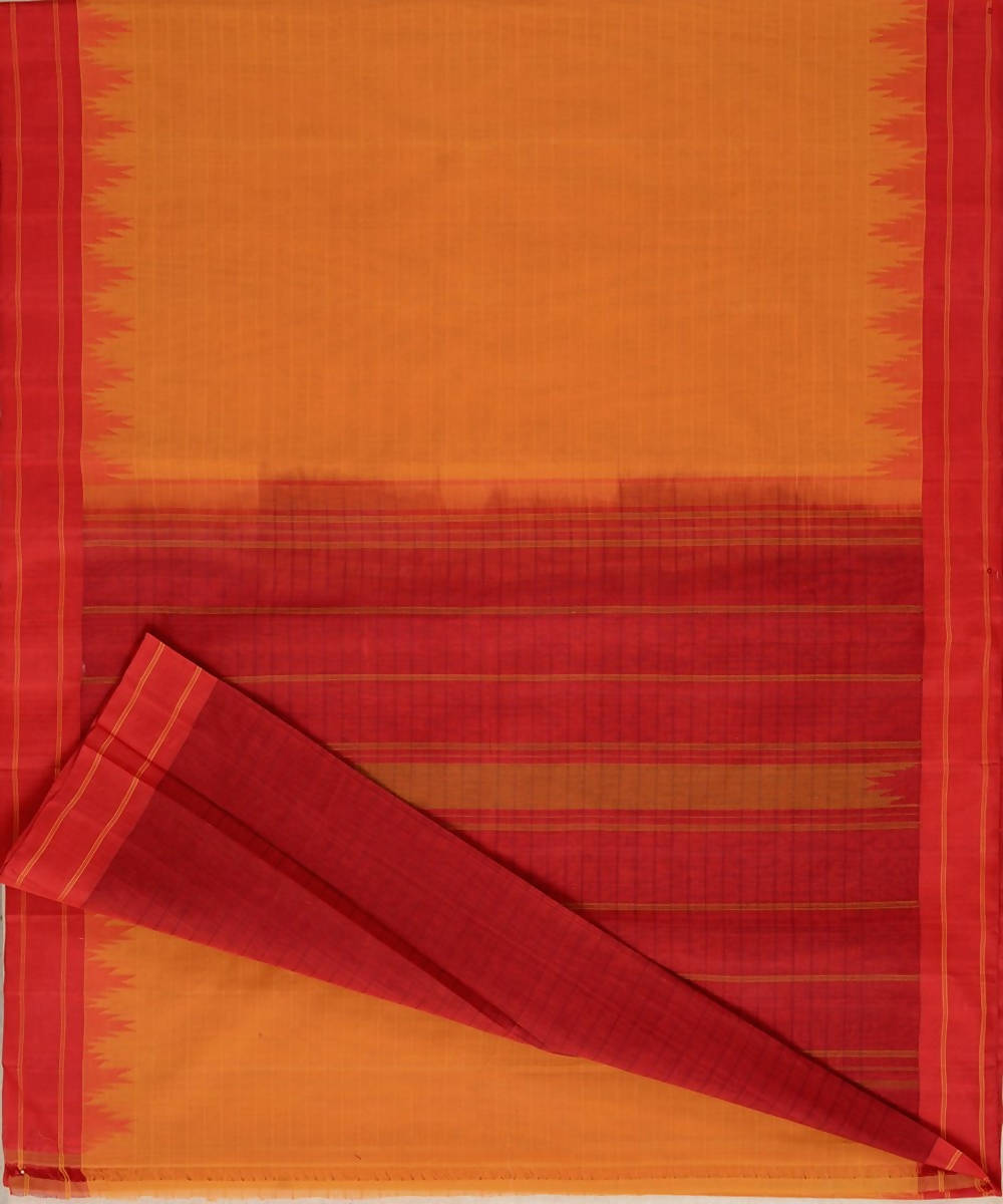 Mustard handloom kanchi cotton saree dark red silk korvai temple border