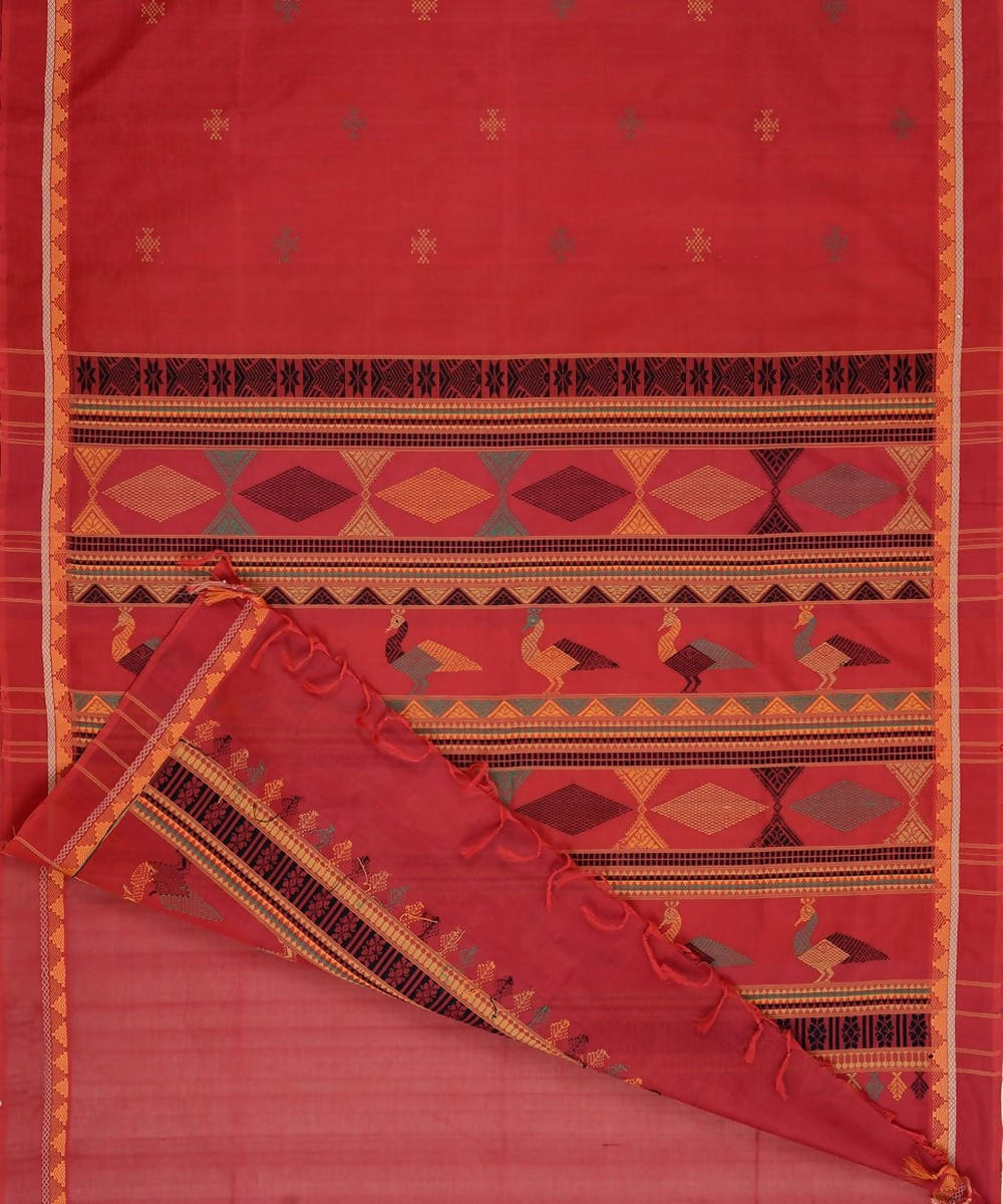 Red kanchi silkcotton saree with thread work bomkai pallu