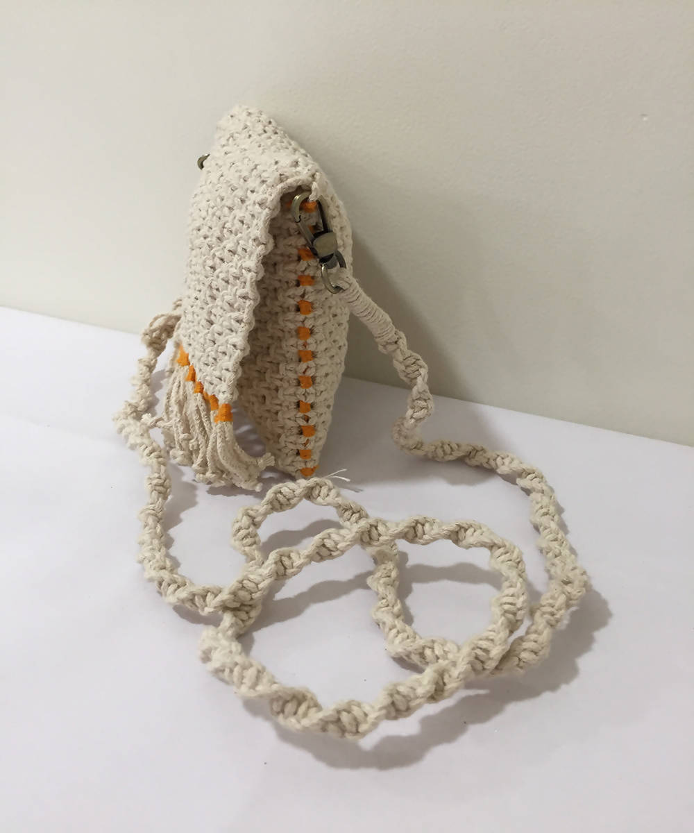 Ivory white cotton hand knotted sling purse