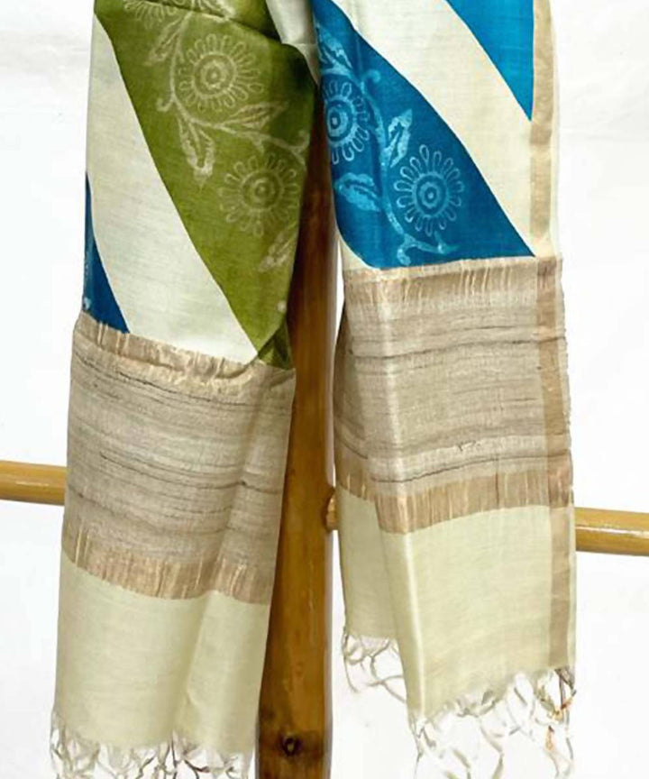 Blue green and yellow handwoven block printed tussar silk stole