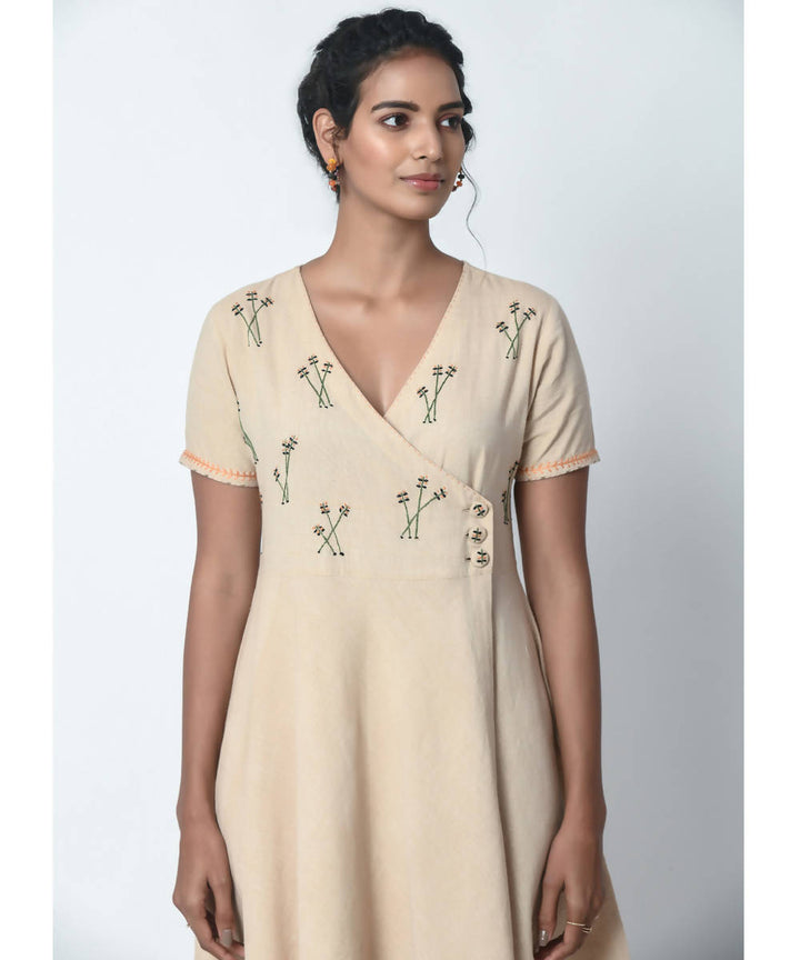 Beige Hand Embroidered Overlap Cotton Dress
