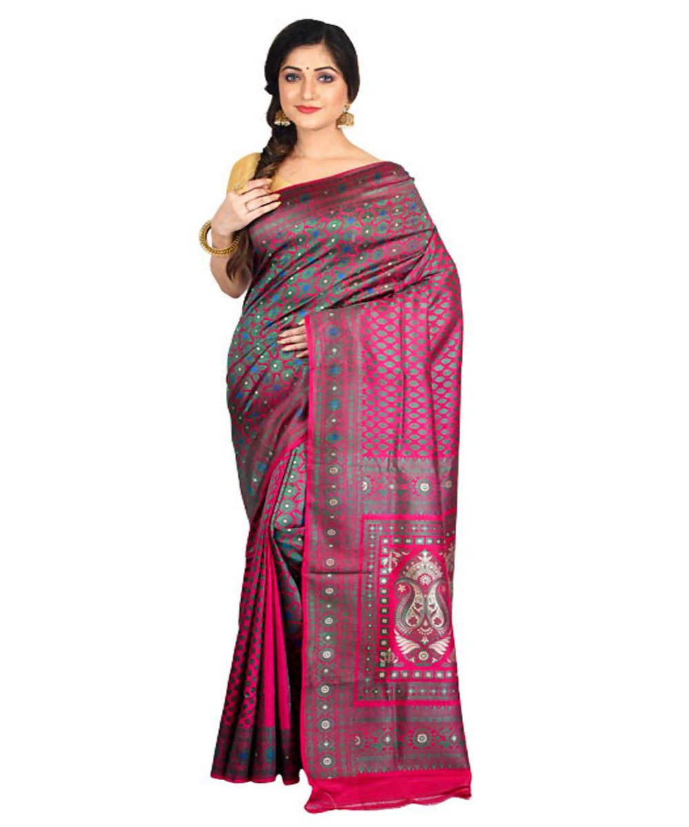 Double shaded fuchsia handwoven baluchari silk saree