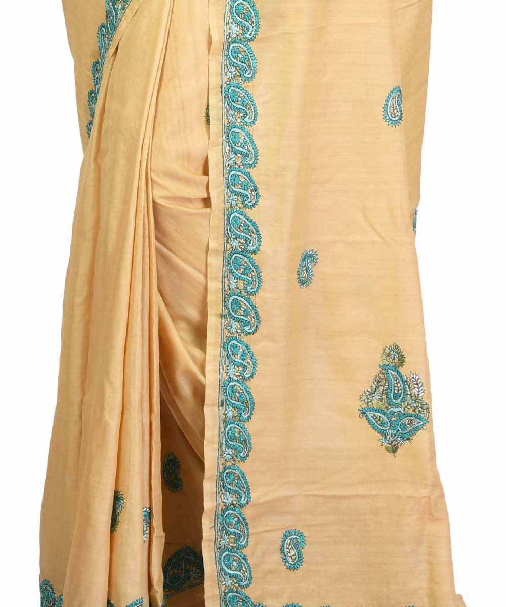 Cream bengal hand embroidery tussar silk saree