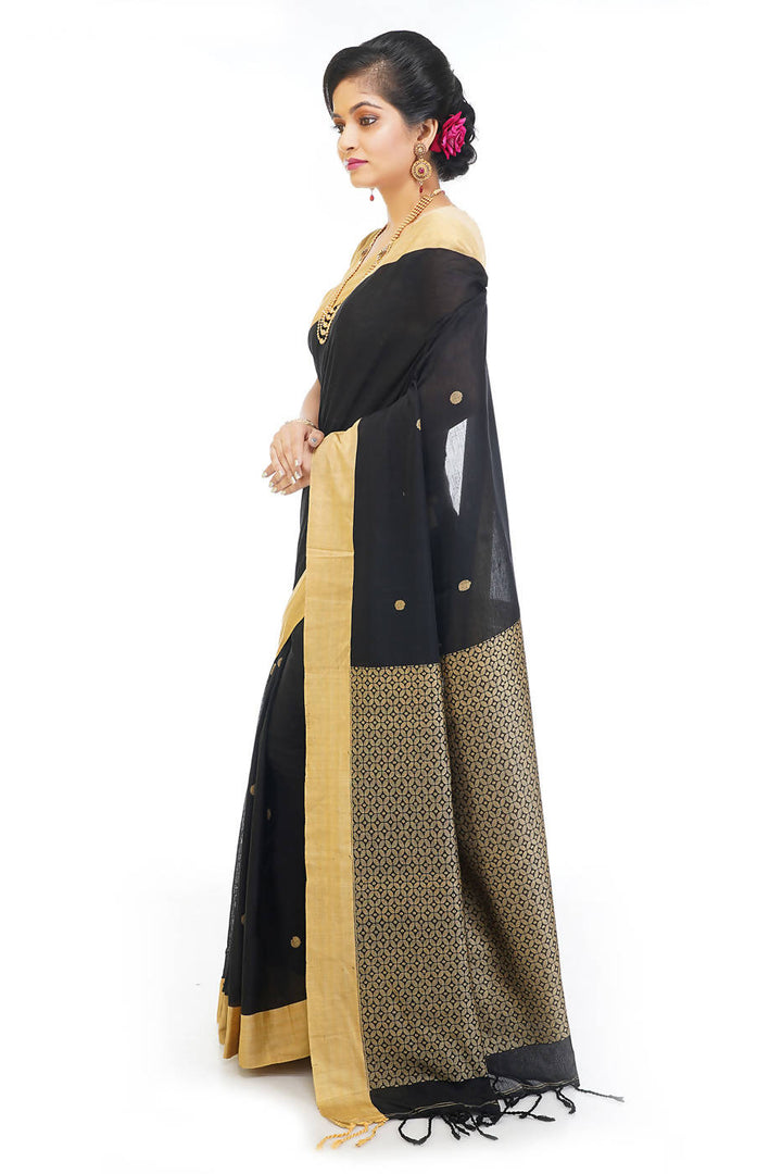 Handloom bengal black beige cotton saree