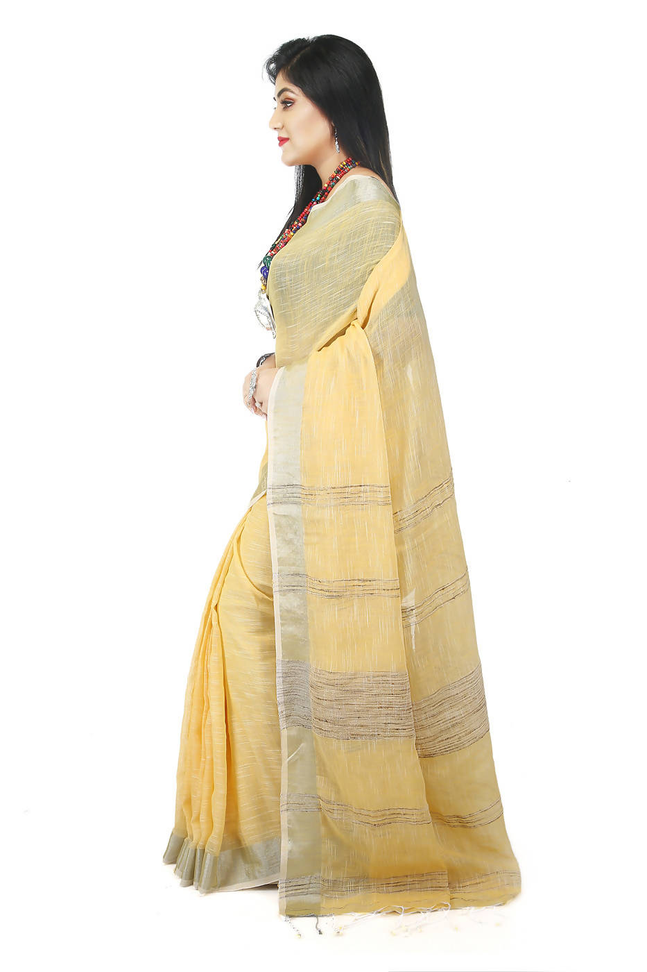 Pale yellow handloom bengal cotton and linen saree