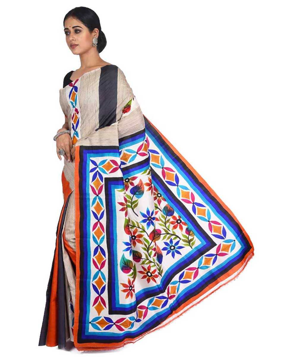 Multicolor hand painted handwoven silk with tussar ketia stripe saree