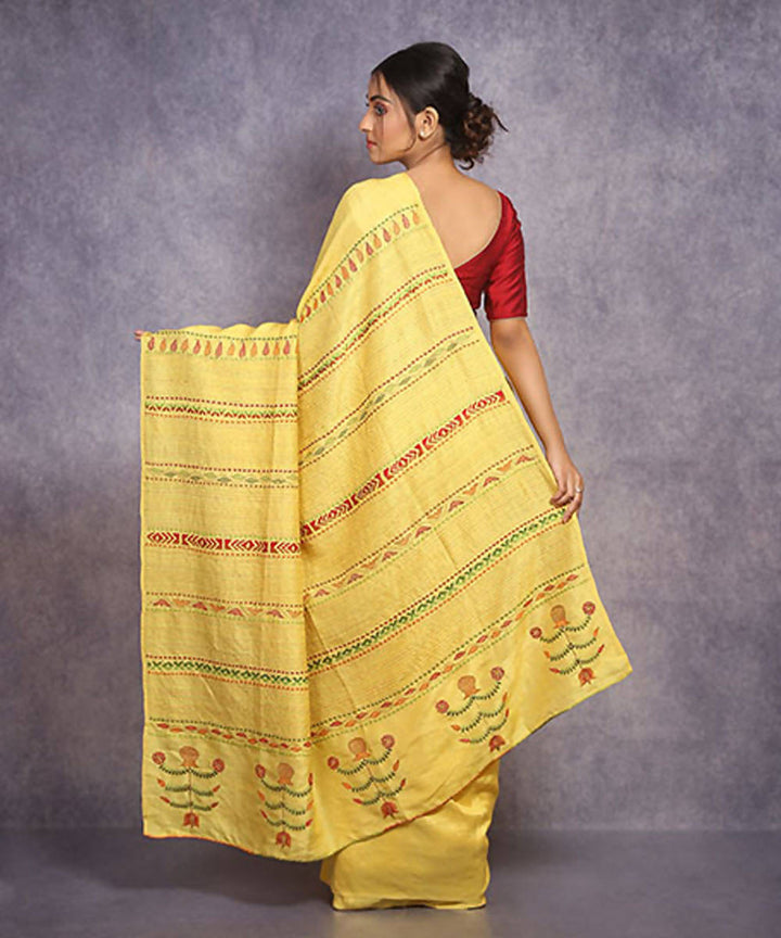 Lemon yellow hand embroidery kantha stitch silk saree