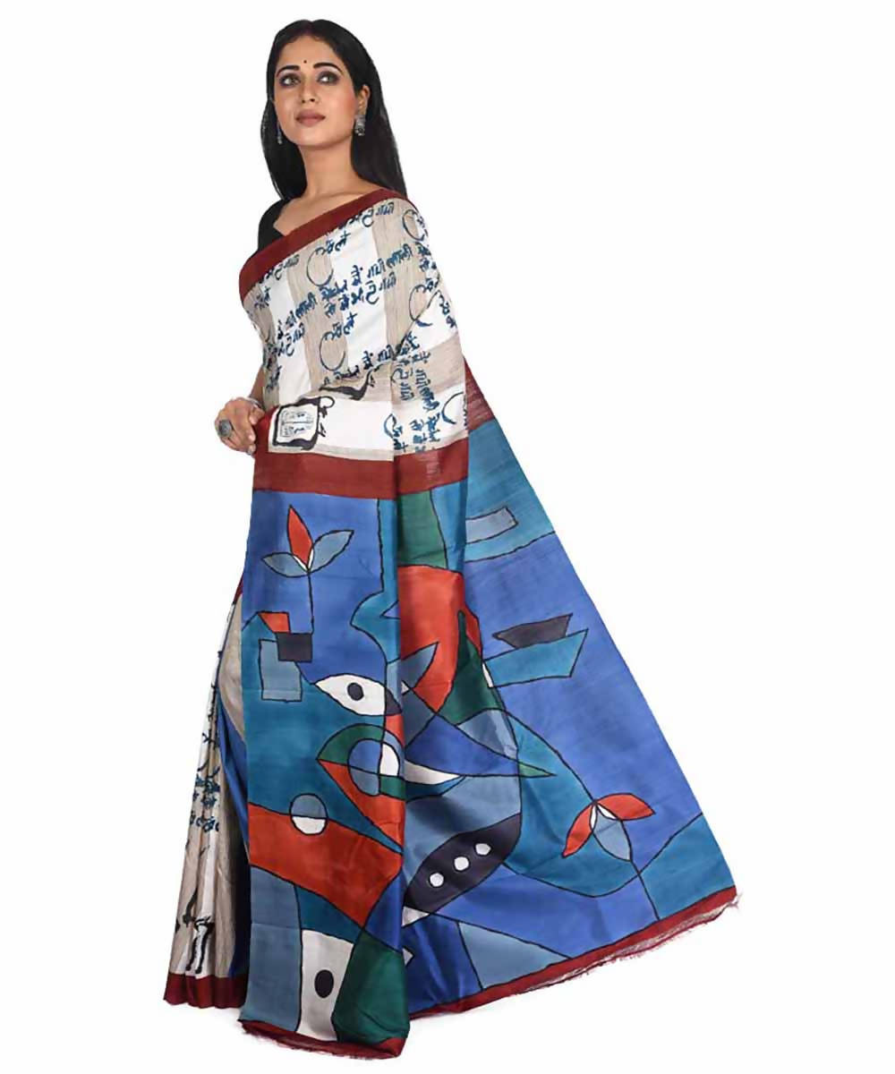 Beige blue handloom silk with tussar ketia stripe saree
