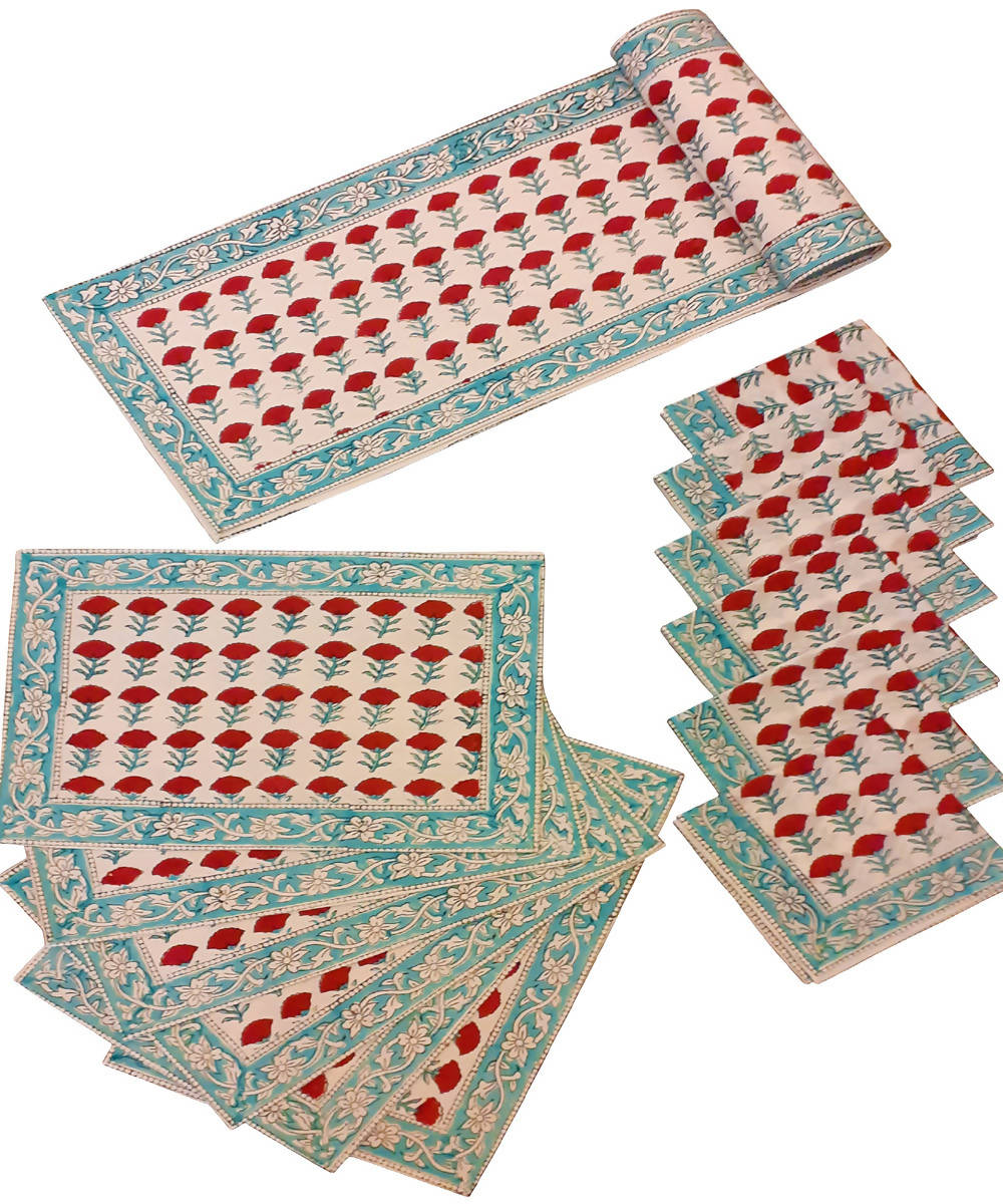 Multicolor hand block printed cotton table runner with 6 table mats and napkins